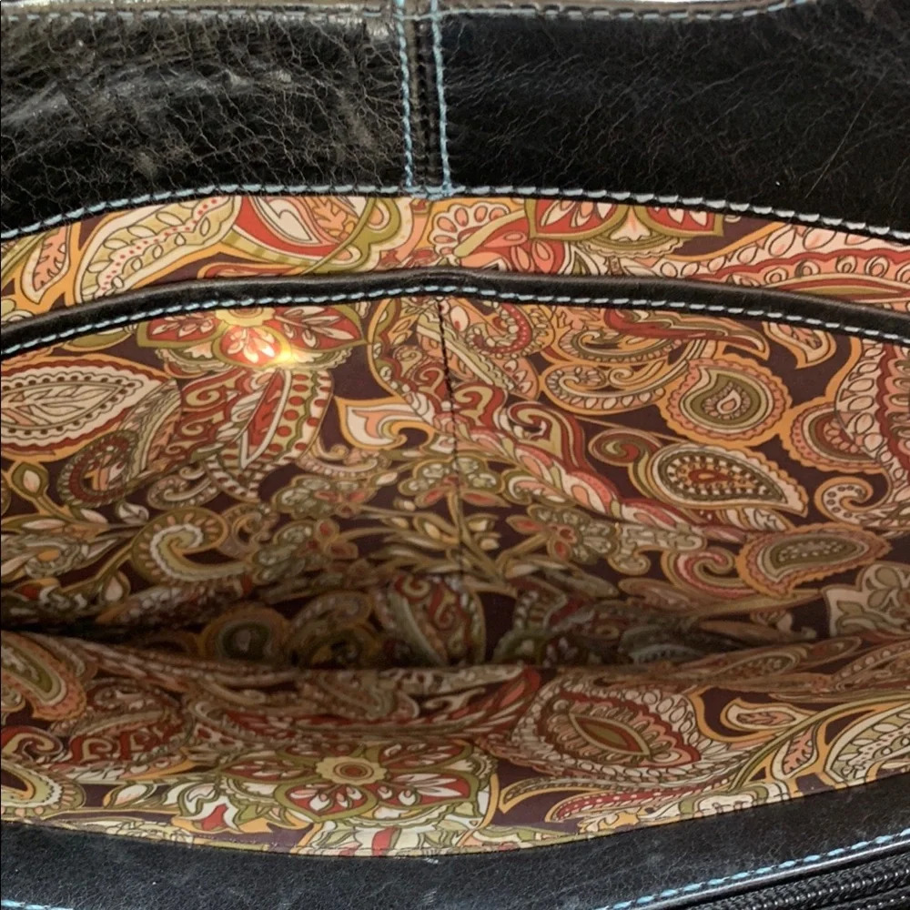 Nordstrom Black Leather Blue Stitching Casual Tote Bag Paisley Lining Lg Pockets - Picture 10 of 14